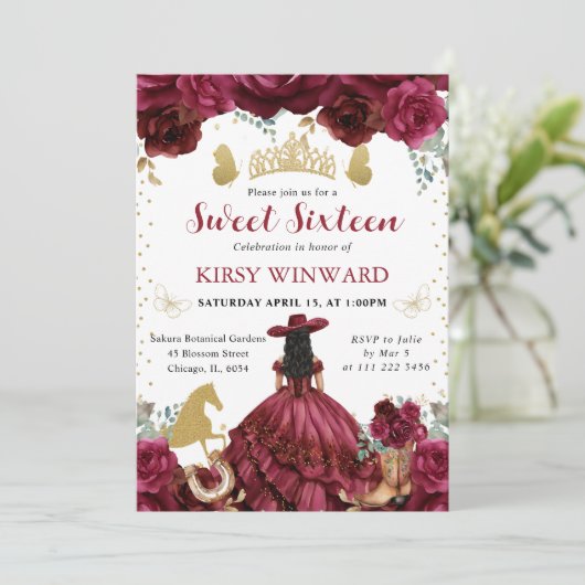 Invitation Robe rouge Cheveux noirs Salon Princesse Sweet 16 (Debout devant)
