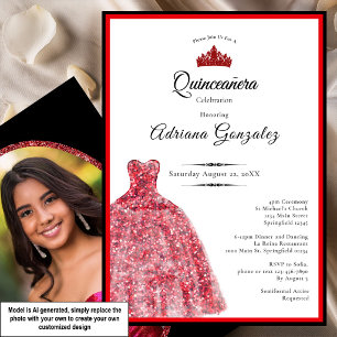 Invitation Robe rouge élégante 15e anniversaire Quinceanera