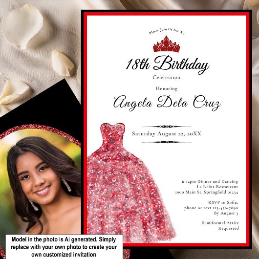 Invitation Robe rouge élégante pour les 18 ans