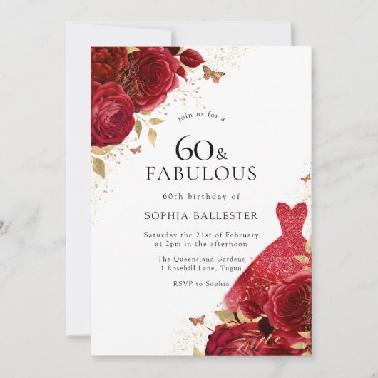 Invitation Robe rouge et Parties scintillant d'or Rose 60e an (Devant)