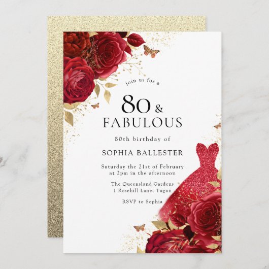 Invitation Robe rouge et Parties scintillant d'or Rose 80e an (Devant / Derrière)