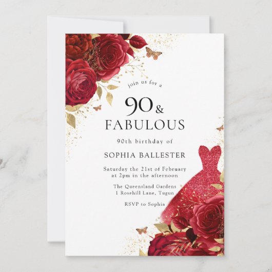 Invitation Robe rouge et Parties scintillant d'or Rose 90e an (Devant)