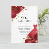 Invitation Robe rouge et Parties scintillant d'or Rose 90e an (Debout devant)