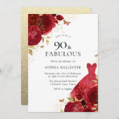 Invitation Robe rouge et Parties scintillant d'or Rose 90e an (Devant / Derrière)