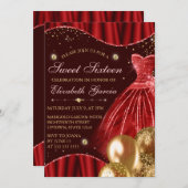 Invitation Robe rouge et Parties scintillant or Ballons doux  (Devant / Derrière)