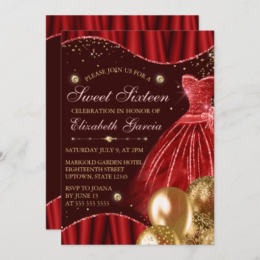 Invitation Robe rouge et Parties scintillant or Ballons doux  (Devant / Derrière)