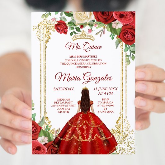 Invitation Robe rouge et Rose mexicain Mis Quince 2