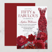 Invitation Robe rouge étincelante & Rose 50e anniversaire Shi (Devant / Derrière)