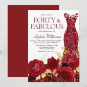 Invitation Robe rouge étincelante Rose Feuille d'or 40e anniv (Devant / Derrière)