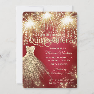 Invitation Robe rouge fantaisie en or brillant
