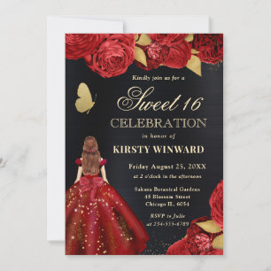 Invitation Robe rouge Femme aux cheveux roux Fleurs Sweet 16