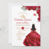 Invitation Robe Rouge fille Quinceañera 15 Anos Fleurs Or (Devant)