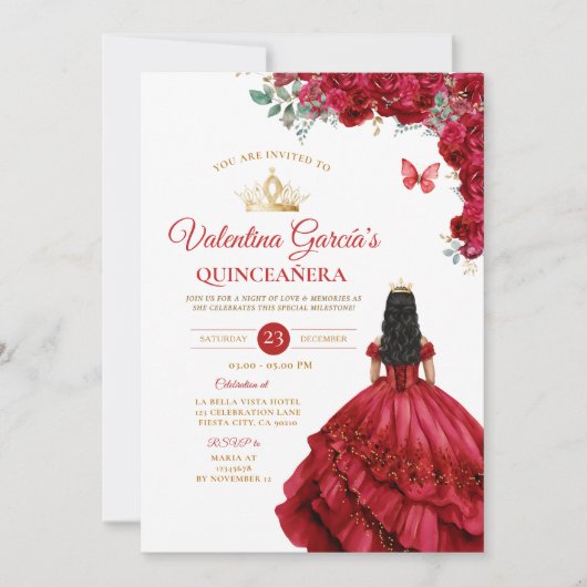 Invitation Robe Rouge fille Quinceañera 15 Anos Fleurs Or (Devant)