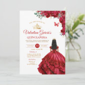 Invitation Robe Rouge fille Quinceañera 15 Anos Fleurs Or (Debout devant)