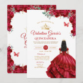 Invitation Robe Rouge fille Quinceañera 15 Anos Fleurs Or (Devant / Derrière)