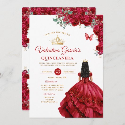Invitation Robe Rouge fille Quinceañera 15 Anos Fleurs Or (Devant / Derrière)