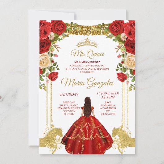 Invitation Robe rouge Fleurs mexicaines Quinceañera (Devant)