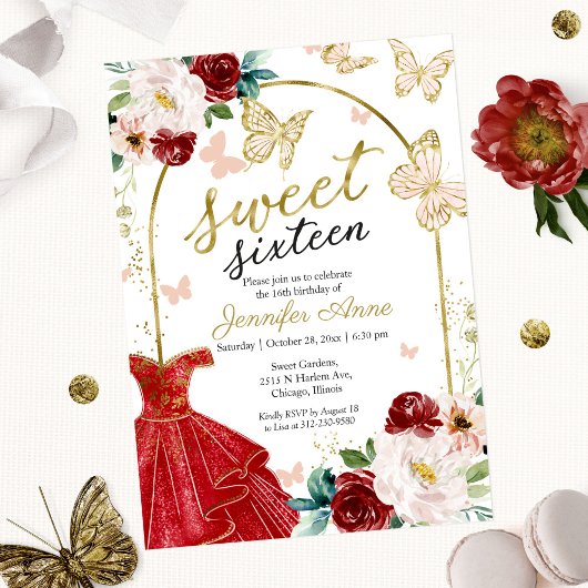 Invitation Robe rouge florale douce 16 Papillon
