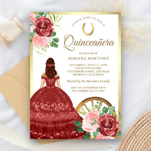 Invitation Robe rouge florale rustique Charro or Quinceanera