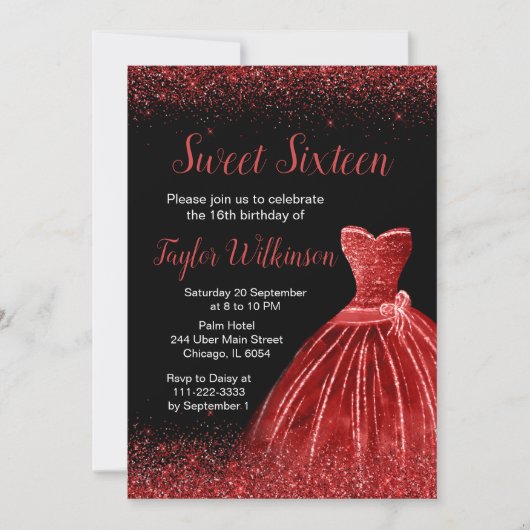 Invitation Robe Rouge Lumineuse Faux Parties scintillant Douc (Devant)