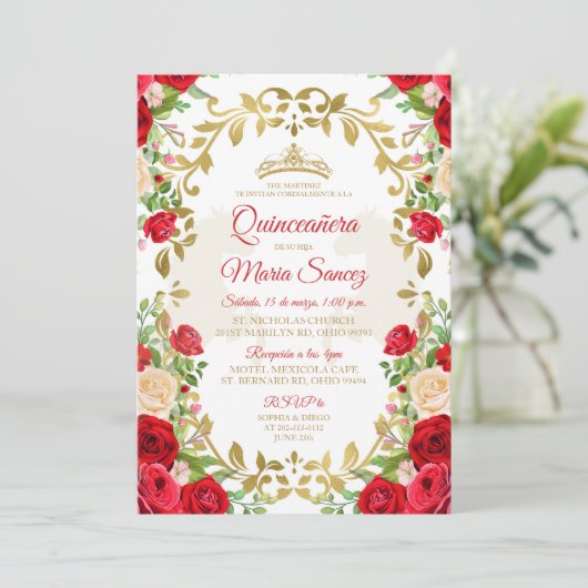 Invitation Robe rouge Mexicaine Fille Douce 15e anniversaire  (Debout devant)