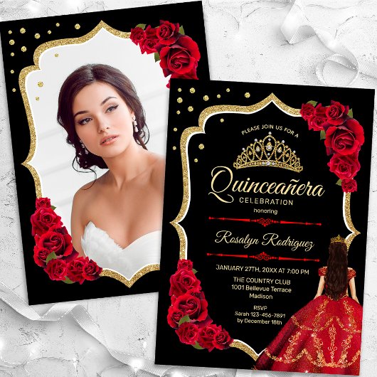 Invitation Robe rouge noire Quinceanera Photo