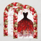 Invitation Robe rouge or étincelante Quinceañera Arc de ballo (Devant / Derrière)