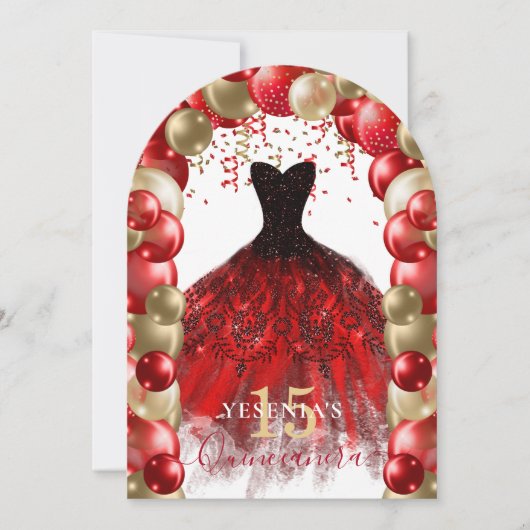 Invitation Robe rouge or étincelante Quinceañera Arc de ballo (Devant)