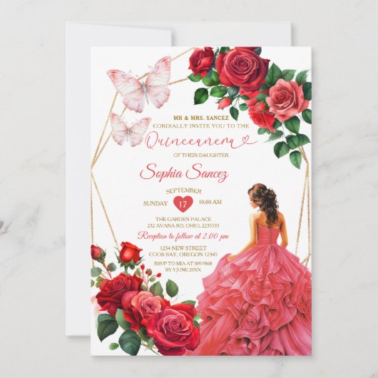 Invitation Robe Rouge or Floral Princesse Quinceañera (Devant)