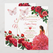 Invitation Robe Rouge or Floral Princesse Quinceañera (Devant / Derrière)