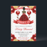 Invitation Robe rouge Peau foncée Princesse Douce 16<br><div class="desc">Elégante aquarelle couleur peau foncée princesse dans le design robe rouge avec fleurs rouge et or,  ballons et confettis parties scintillant or.</div>