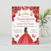 Invitation Robe rouge Peau foncée princesse Quinceanera (Debout devant)
