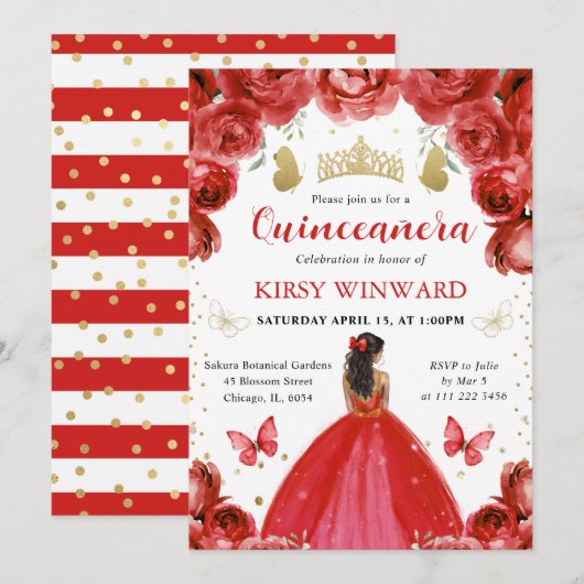 Invitation Robe rouge Peau foncée princesse Quinceanera (Devant / Derrière)