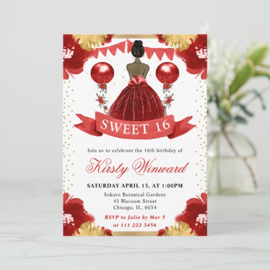 Invitation Robe rouge Peau foncée Princesse Sweet 16 (Debout devant)