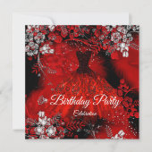 Invitation Robe Rouge Plumes Argent fête d'anniversaire (Devant)