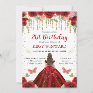 Invitation Robe Rouge Princesse aux Cheveux Bruns 21e Anniver