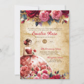 Invitation Robe Rouge Quinceanera or Thème de parchemin Vinta (Devant)