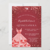 Invitation Robe rouge Quinceanera parties scintillant (Devant)