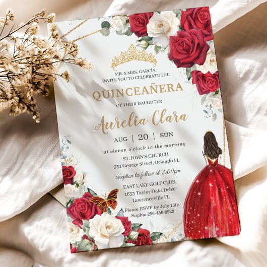 Invitation Robe rouge Roses blanches Floral Girl Or Quinceañe