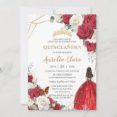 Invitation Robe rouge Roses blanches Floral Girl Or Quinceañe (Devant)