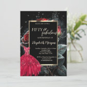 Invitation Robe rouge Roses rouges Noir 50e anniversaire (Debout devant)