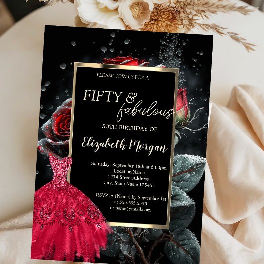 Invitation Robe rouge Roses rouges Noir 50e anniversaire