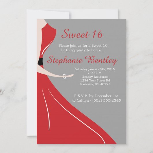 Invitation Robe rouge Silhouette Sweet 16 Anniversaire Invita (Devant)