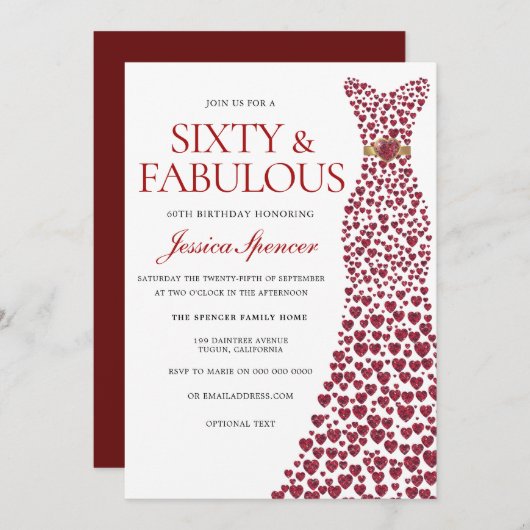 Invitation Robe rouge Soixante et fabuleuse 60e fête d'annive (Devant / Derrière)
