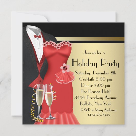 Invitation Robe rouge Tuxedo Élégant Noël (Devant)