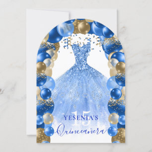Invitation Robe Royal Bleue Or Étincelle Quinceañera Balloon