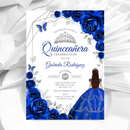 Invitation Robe royale bleu argent Quinceanera