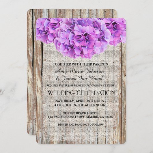 Invitation Robe rustique violet hydrangée mariage invite ph1 (Devant / Derrière)