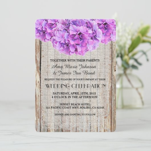 Invitation Robe rustique violet hydrangée mariage invite ph1 (Debout devant)
