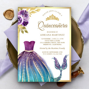Invitation Robe sarcelle violette Queue de sirène Quinceanera